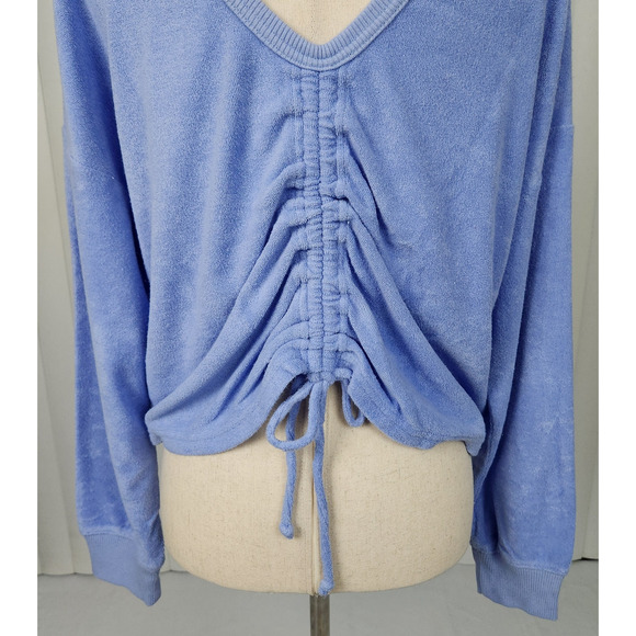 Aerie Cinched Terry Cloth Sweatshirt Relaxed V-back Blue Women's Size Medium New - Picture 8 of 10